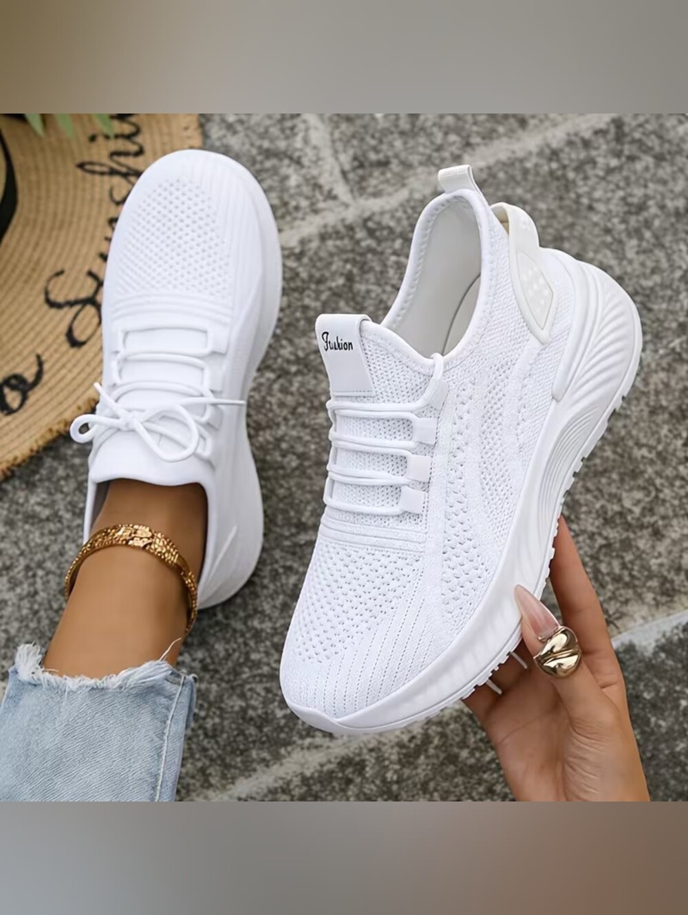 Cute Pure White Breathable Knit Slip-On Sneakers
